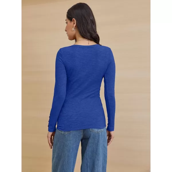 imageATHMILE Womens Long Sleeve Shirts Casual Fall Henley Top Button Down Blouses Basic Ribbed Knit T Shirts 2024Sapphireblue