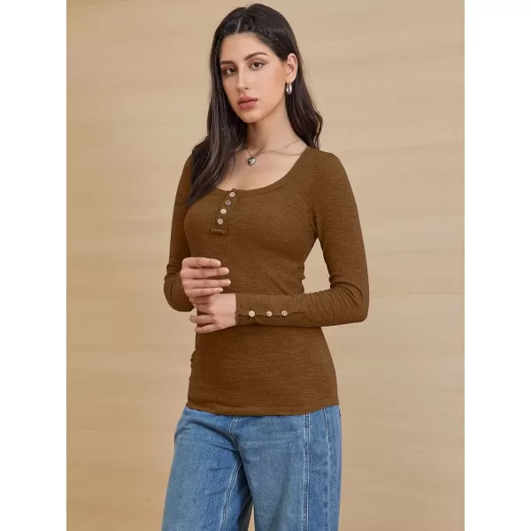 imageATHMILE Womens Long Sleeve Shirts Casual Fall Henley Top Button Down Blouses Basic Ribbed Knit T Shirts 2024Lightbrown
