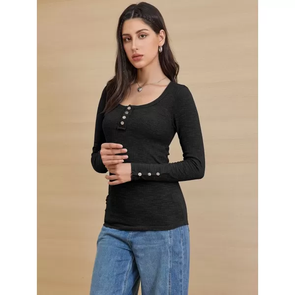 imageATHMILE Womens Long Sleeve Shirts Casual Fall Henley Top Button Down Blouses Basic Ribbed Knit T Shirts 2024Black