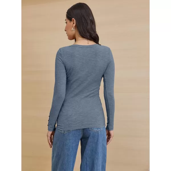 imageATHMILE Womens Long Sleeve Shirts Casual Fall Henley Top Button Down Blouses Basic Ribbed Knit T Shirts 2024Blue