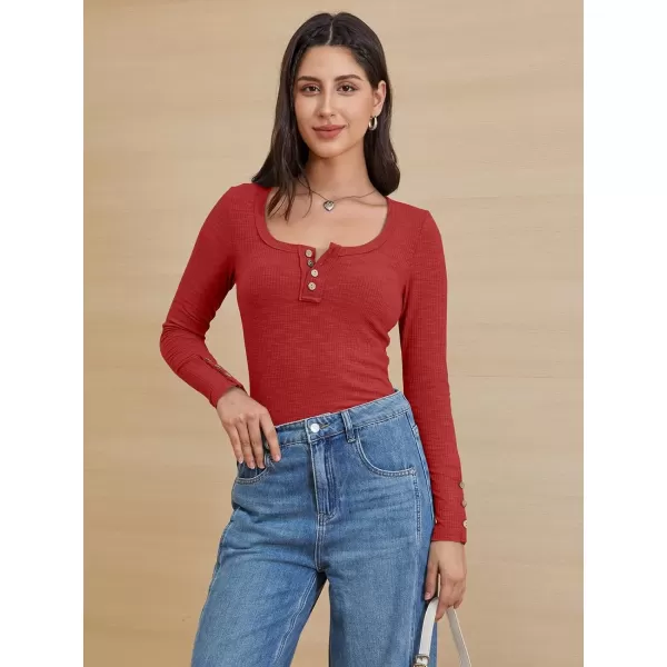 imageATHMILE Womens Long Sleeve Shirts Casual Fall Henley Top Button Down Blouses Basic Ribbed Knit T Shirts 2024Red