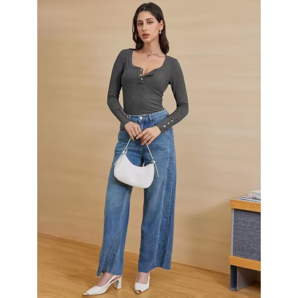 imageATHMILE Womens Long Sleeve Shirts Casual Fall Henley Top Button Down Blouses Basic Ribbed Knit T Shirts 2024Darkgrey