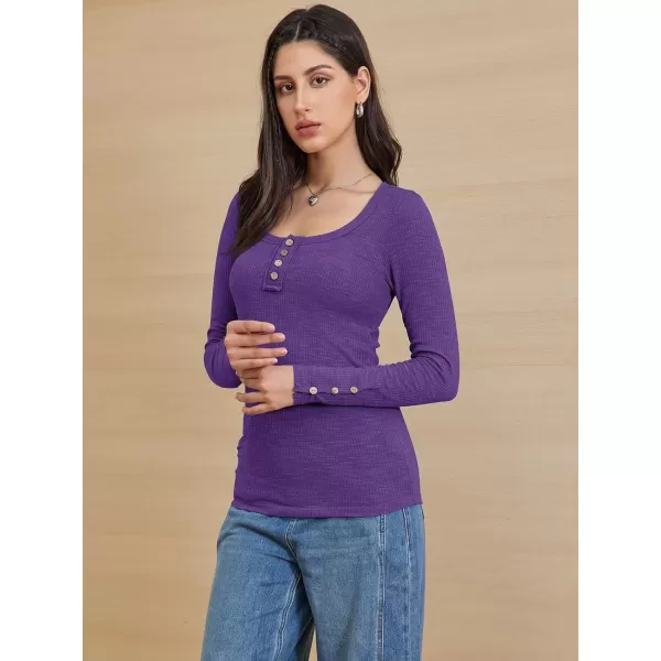imageATHMILE Womens Long Sleeve Shirts Casual Fall Henley Top Button Down Blouses Basic Ribbed Knit T Shirts 2024Purple