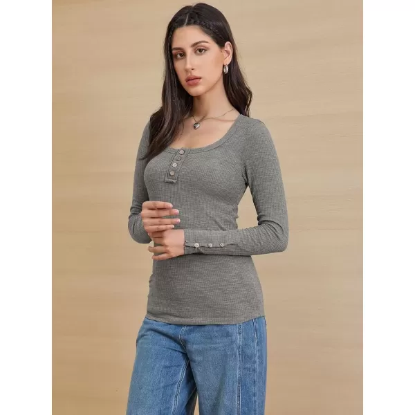 imageATHMILE Womens Long Sleeve Shirts Casual Fall Henley Top Button Down Blouses Basic Ribbed Knit T Shirts 2024Grey