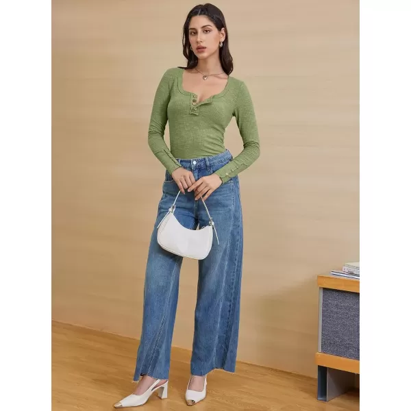 imageATHMILE Womens Long Sleeve Shirts Casual Fall Henley Top Button Down Blouses Basic Ribbed Knit T Shirts 2024Lightgreen