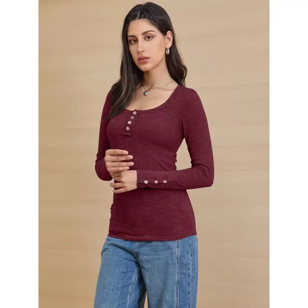 imageATHMILE Womens Long Sleeve Shirts Casual Fall Henley Top Button Down Blouses Basic Ribbed Knit T Shirts 2024Winered
