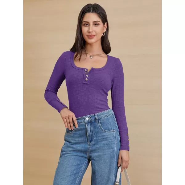 imageATHMILE Womens Long Sleeve Shirts Casual Fall Henley Top Button Down Blouses Basic Ribbed Knit T Shirts 2024Purple