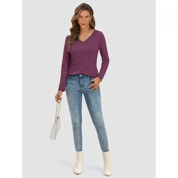 imageATHMILE Womens Long Sleeve V Neck Shirts Basic Tee Casual Top Fall Trendy Tunic Outfits Fitted T ShirtsPurple Red
