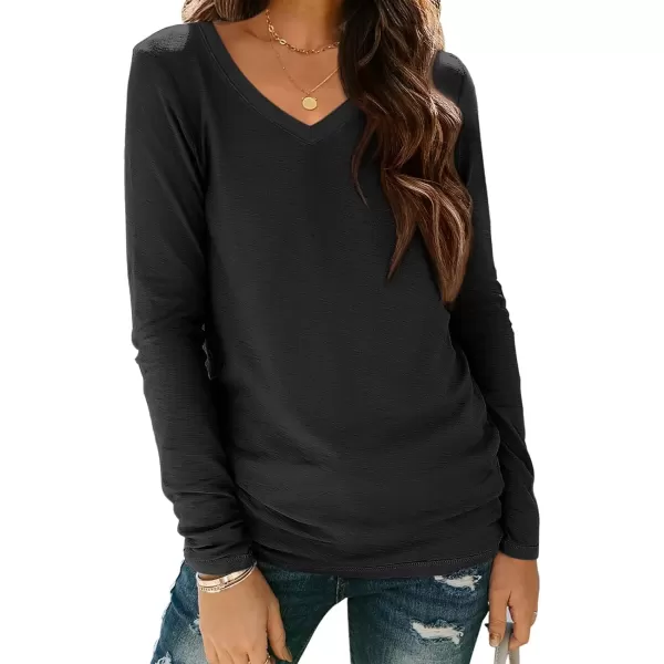 imageATHMILE Womens Long Sleeve V Neck Shirts Basic Tee Casual Top Fall Trendy Tunic Outfits Fitted T ShirtsBlack