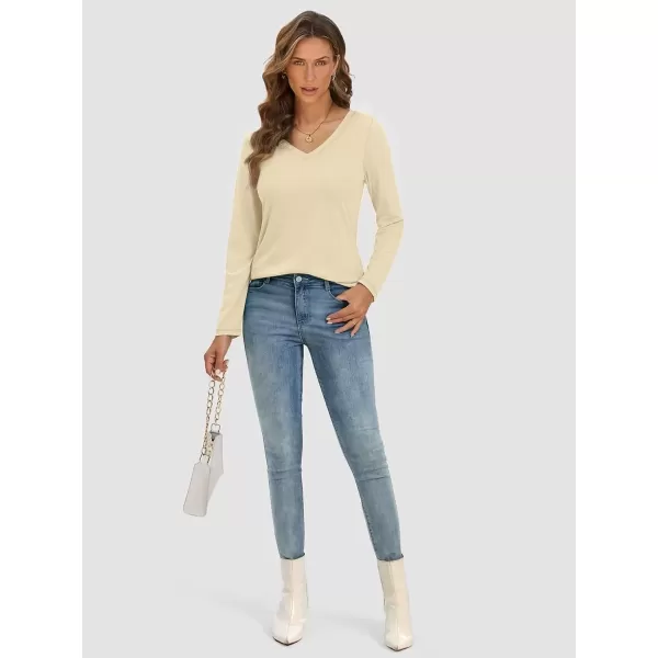 imageATHMILE Womens Long Sleeve V Neck Shirts Basic Tee Casual Top Fall Trendy Tunic Outfits Fitted T ShirtsCream