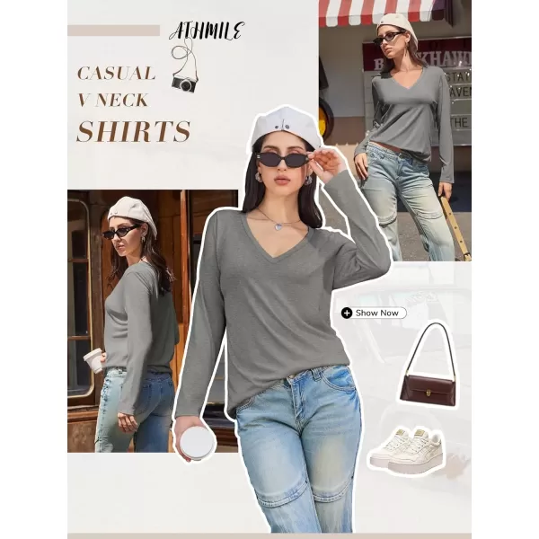 imageATHMILE Womens Long Sleeve V Neck Shirts Basic Tee Casual Top Fall Trendy Tunic Outfits Fitted T ShirtsGrey