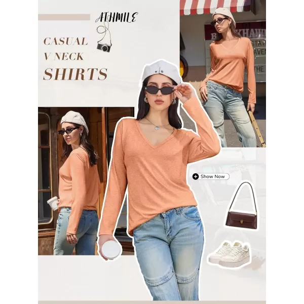imageATHMILE Womens Long Sleeve V Neck Shirts Basic Tee Casual Top Fall Trendy Tunic Outfits Fitted T ShirtsLight Orange