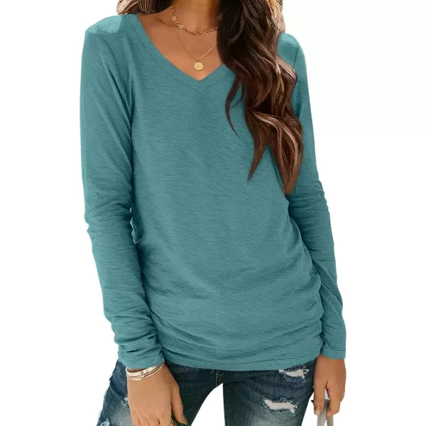 imageATHMILE Womens Long Sleeve V Neck Shirts Basic Tee Casual Top Fall Trendy Tunic Outfits Fitted T ShirtsBlue Green