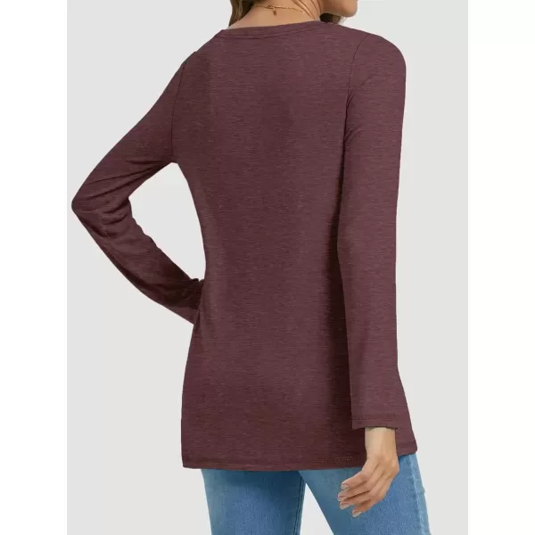 imageATHMILE Womens Long Sleeve V Neck Shirts Basic Tee Casual Top Fall Trendy Tunic Outfits Fitted T ShirtsWine Red