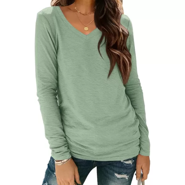 imageATHMILE Womens Long Sleeve V Neck Shirts Basic Tee Casual Top Fall Trendy Tunic Outfits Fitted T ShirtsLight Green