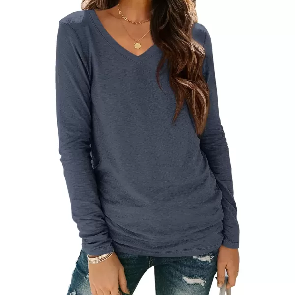 imageATHMILE Womens Long Sleeve V Neck Shirts Basic Tee Casual Top Fall Trendy Tunic Outfits Fitted T ShirtsDark Blue