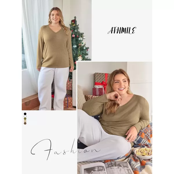 imageATHMILE Womens Long Sleeve V Neck Shirts Basic Tee Casual Top Fall Trendy Tunic Outfits Fitted T ShirtsCoffee