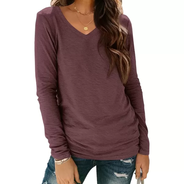 imageATHMILE Womens Long Sleeve V Neck Shirts Basic Tee Casual Top Fall Trendy Tunic Outfits Fitted T ShirtsWine Red