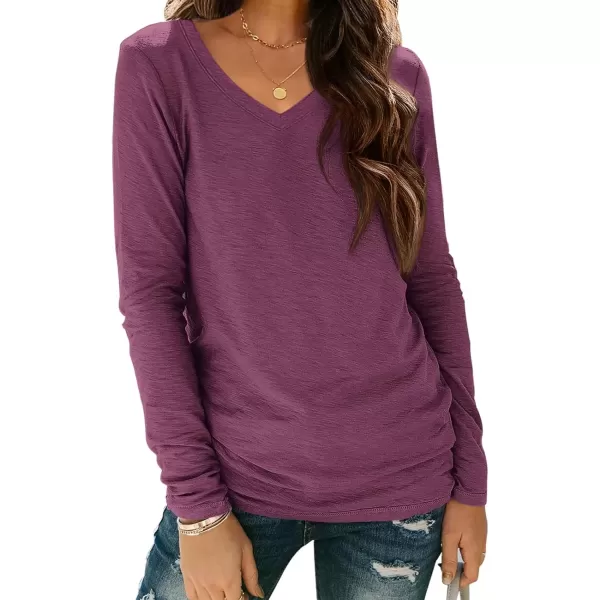 imageATHMILE Womens Long Sleeve V Neck Shirts Basic Tee Casual Top Fall Trendy Tunic Outfits Fitted T ShirtsPurple Red
