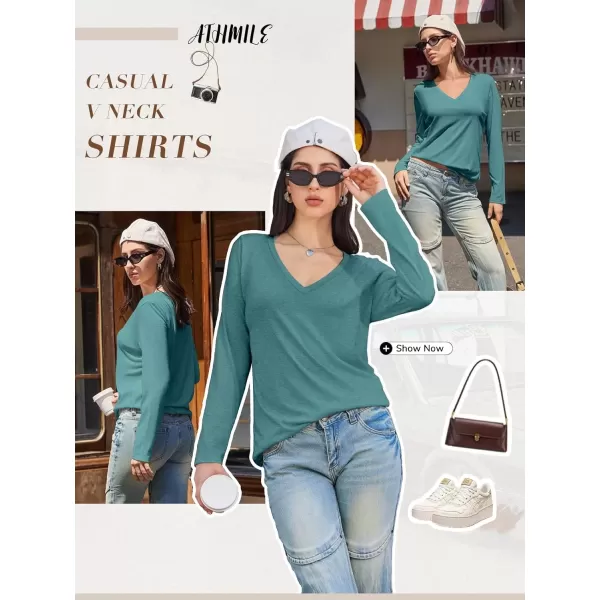 imageATHMILE Womens Long Sleeve V Neck Shirts Basic Tee Casual Top Fall Trendy Tunic Outfits Fitted T ShirtsBlue Green