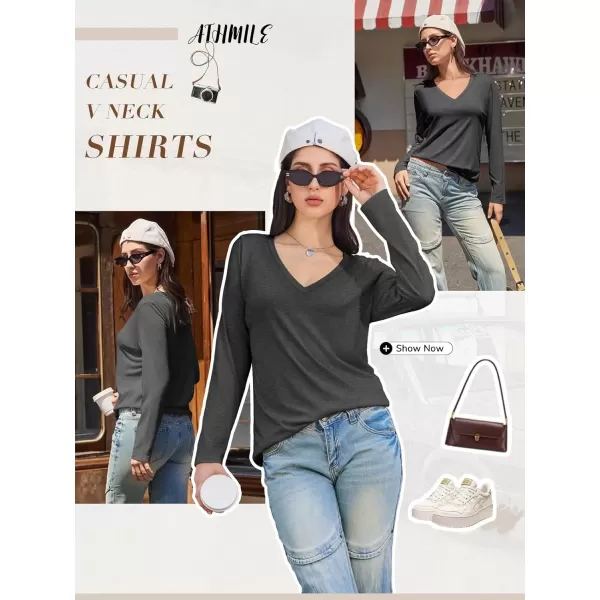 imageATHMILE Womens Long Sleeve V Neck Shirts Basic Tee Casual Top Fall Trendy Tunic Outfits Fitted T ShirtsBlack Grey