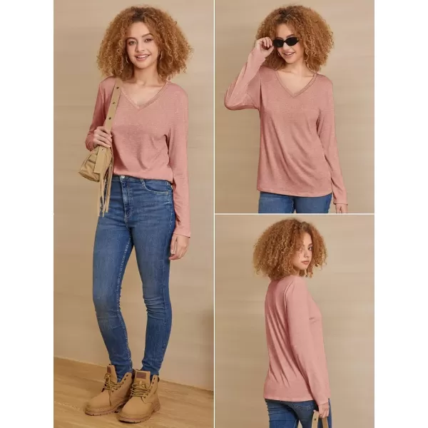 imageATHMILE Womens Long Sleeve V Neck Shirts Basic Tee Casual Top Fall Trendy Tunic Outfits Fitted T ShirtsPink