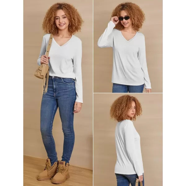 imageATHMILE Womens Long Sleeve V Neck Shirts Basic Tee Casual Top Fall Trendy Tunic Outfits Fitted T ShirtsWhite
