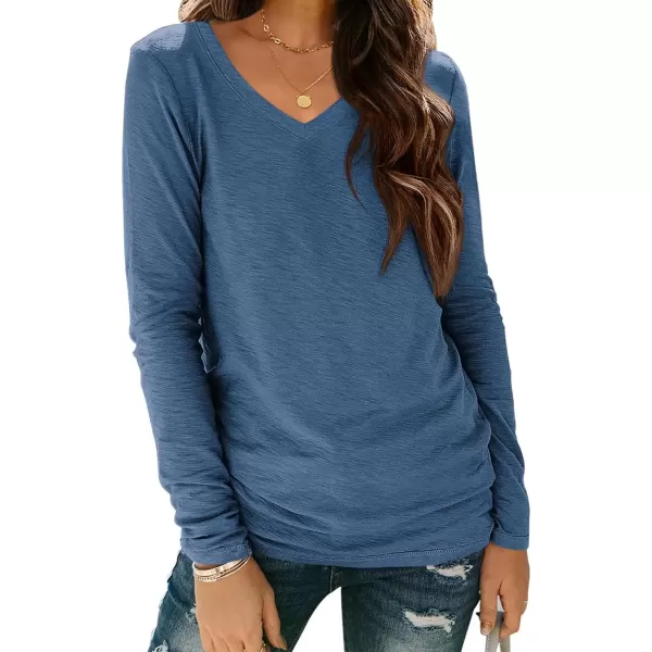imageATHMILE Womens Long Sleeve V Neck Shirts Basic Tee Casual Top Fall Trendy Tunic Outfits Fitted T ShirtsBlue
