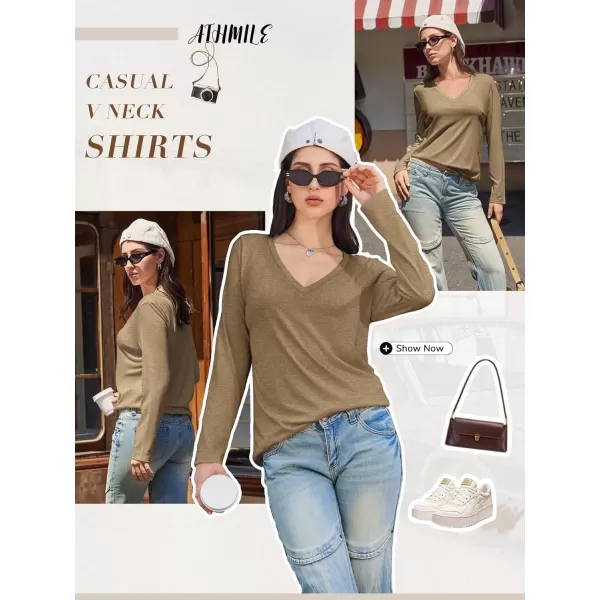 imageATHMILE Womens Long Sleeve V Neck Shirts Basic Tee Casual Top Fall Trendy Tunic Outfits Fitted T ShirtsCoffee