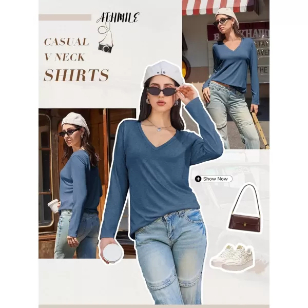 imageATHMILE Womens Long Sleeve V Neck Shirts Basic Tee Casual Top Fall Trendy Tunic Outfits Fitted T ShirtsBlue