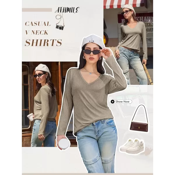 imageATHMILE Womens Long Sleeve V Neck Shirts Basic Tee Casual Top Fall Trendy Tunic Outfits Fitted T ShirtsKhaki
