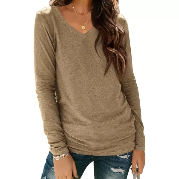 imageATHMILE Womens Long Sleeve V Neck Shirts Basic Tee Casual Top Fall Trendy Tunic Outfits Fitted T ShirtsCoffee