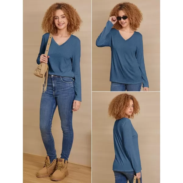 imageATHMILE Womens Long Sleeve V Neck Shirts Basic Tee Casual Top Fall Trendy Tunic Outfits Fitted T ShirtsBlue