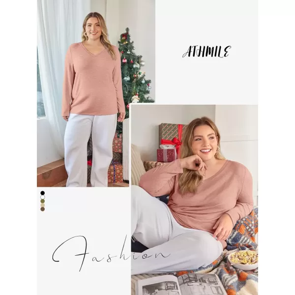 imageATHMILE Womens Long Sleeve V Neck Shirts Basic Tee Casual Top Fall Trendy Tunic Outfits Fitted T ShirtsPink