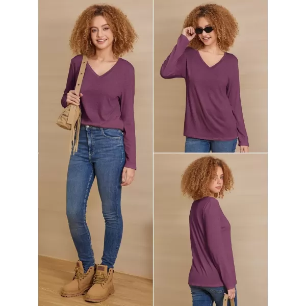imageATHMILE Womens Long Sleeve V Neck Shirts Basic Tee Casual Top Fall Trendy Tunic Outfits Fitted T ShirtsPurple Red
