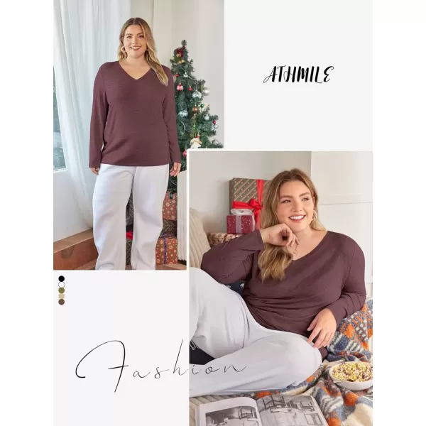 imageATHMILE Womens Long Sleeve V Neck Shirts Basic Tee Casual Top Fall Trendy Tunic Outfits Fitted T ShirtsWine Red