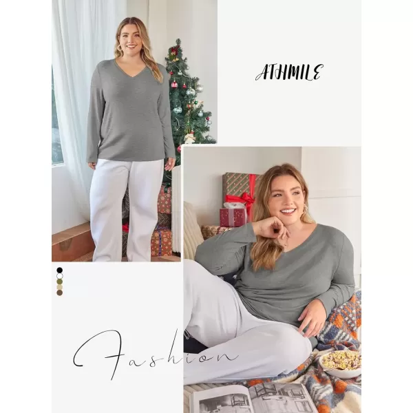 imageATHMILE Womens Long Sleeve V Neck Shirts Basic Tee Casual Top Fall Trendy Tunic Outfits Fitted T ShirtsGrey
