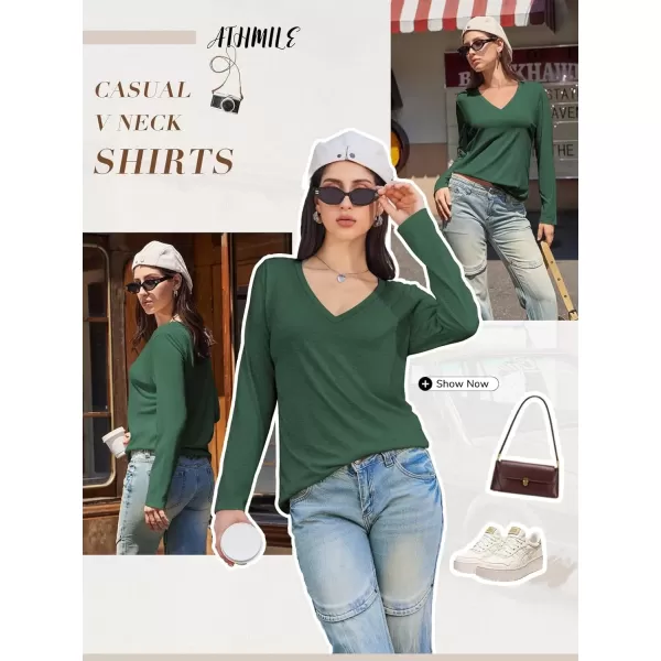 imageATHMILE Womens Long Sleeve V Neck Shirts Basic Tee Casual Top Fall Trendy Tunic Outfits Fitted T ShirtsDark Green