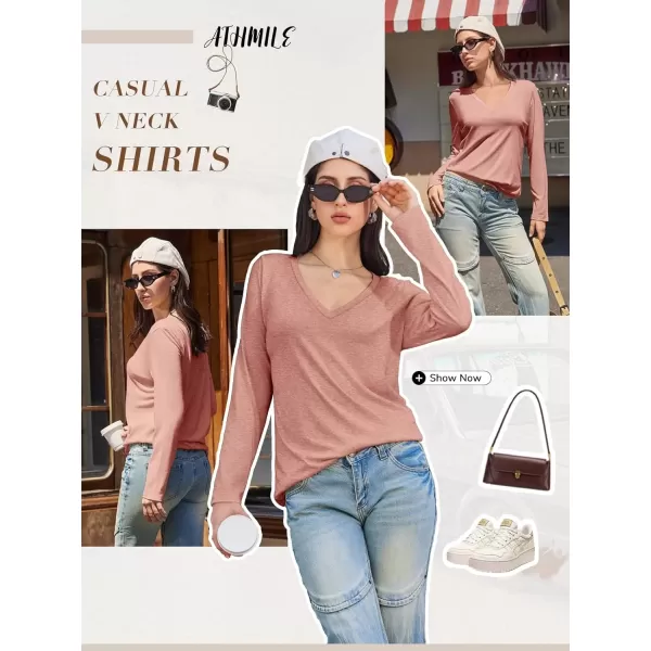 imageATHMILE Womens Long Sleeve V Neck Shirts Basic Tee Casual Top Fall Trendy Tunic Outfits Fitted T ShirtsPink