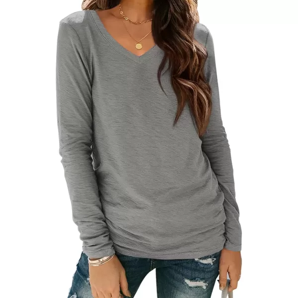 imageATHMILE Womens Long Sleeve V Neck Shirts Basic Tee Casual Top Fall Trendy Tunic Outfits Fitted T ShirtsGrey