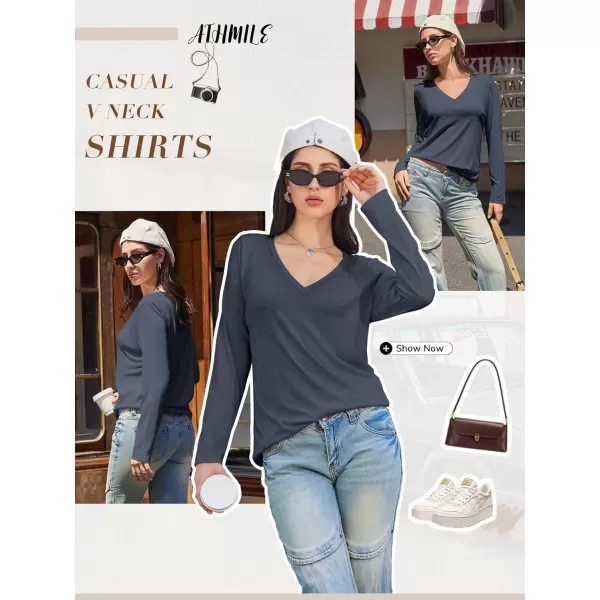imageATHMILE Womens Long Sleeve V Neck Shirts Basic Tee Casual Top Fall Trendy Tunic Outfits Fitted T ShirtsDark Blue
