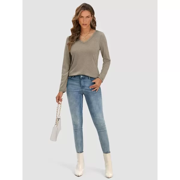 imageATHMILE Womens Long Sleeve V Neck Shirts Basic Tee Casual Top Fall Trendy Tunic Outfits Fitted T ShirtsKhaki