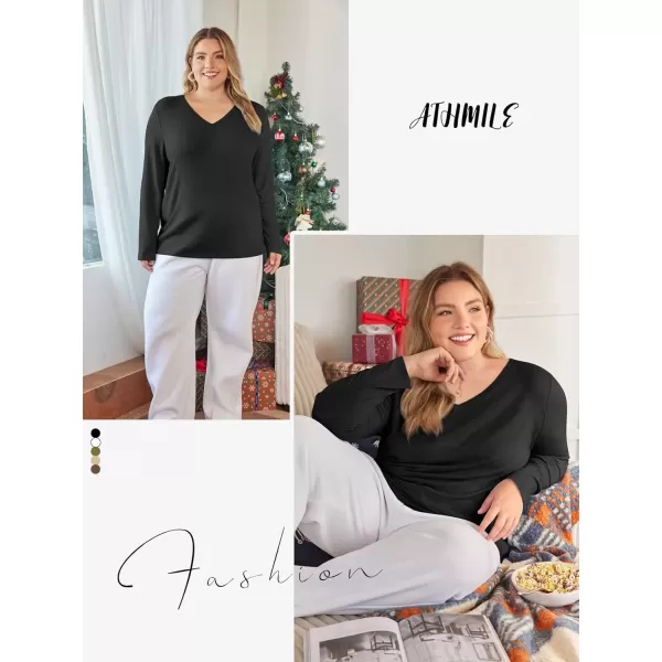 imageATHMILE Womens Long Sleeve V Neck Shirts Basic Tee Casual Top Fall Trendy Tunic Outfits Fitted T ShirtsBlack