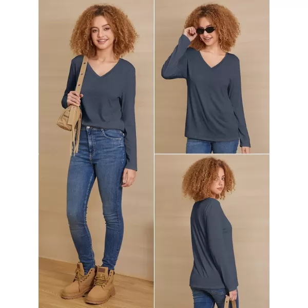 imageATHMILE Womens Long Sleeve V Neck Shirts Basic Tee Casual Top Fall Trendy Tunic Outfits Fitted T ShirtsDark Blue