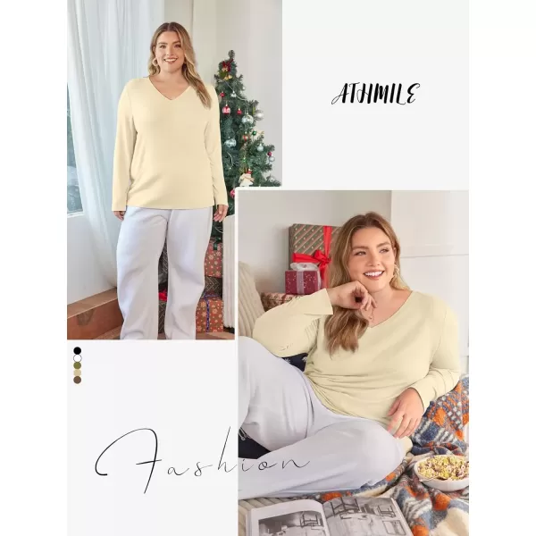 imageATHMILE Womens Long Sleeve V Neck Shirts Basic Tee Casual Top Fall Trendy Tunic Outfits Fitted T ShirtsCream
