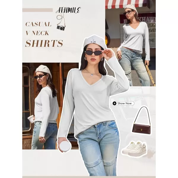 imageATHMILE Womens Long Sleeve V Neck Shirts Basic Tee Casual Top Fall Trendy Tunic Outfits Fitted T ShirtsWhite