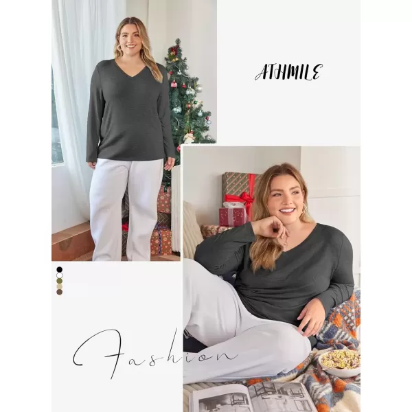 imageATHMILE Womens Long Sleeve V Neck Shirts Basic Tee Casual Top Fall Trendy Tunic Outfits Fitted T ShirtsBlack Grey