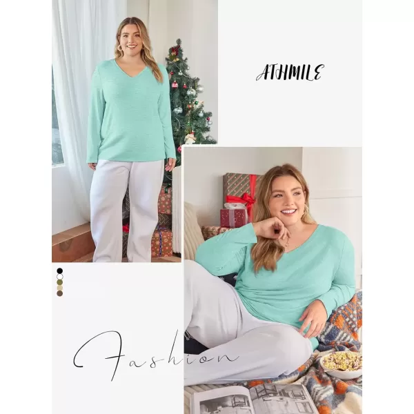 imageATHMILE Womens Long Sleeve V Neck Shirts Basic Tee Casual Top Fall Trendy Tunic Outfits Fitted T ShirtsLake Green