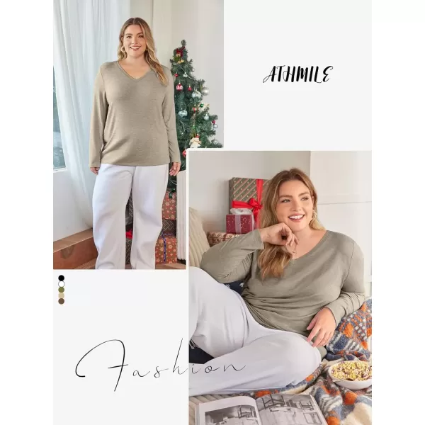 imageATHMILE Womens Long Sleeve V Neck Shirts Basic Tee Casual Top Fall Trendy Tunic Outfits Fitted T ShirtsKhaki