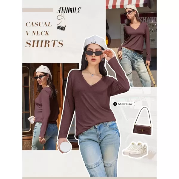 imageATHMILE Womens Long Sleeve V Neck Shirts Basic Tee Casual Top Fall Trendy Tunic Outfits Fitted T ShirtsWine Red